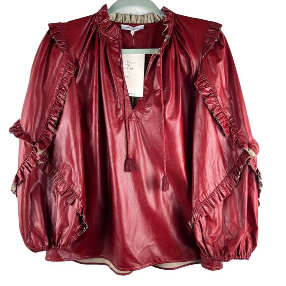 NEW Olivaceous Red Faux Leather Ruffle Top S Fringe Tassles 80s 90s - Picture 3 of 10